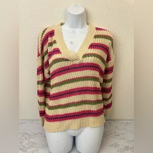 Loft Open Chunky Knit Sweater Size Medium Tan Boho Pullover Striped Acrylic​